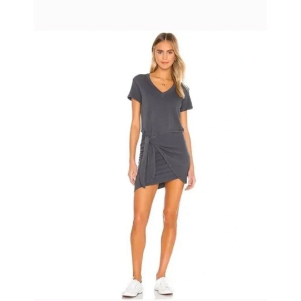 Monrow x Revolve Supersoft V Dress Tie-Front Ruched Dress in Black size Large